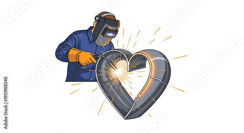 A welder wearing a protective mask and blue uniform is actively welding a large, metallic heart sculpture on a clean white background.