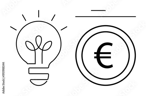 Innovation, business strategy, finance, economic growth, creative ideas, entrepreneurship. A light bulb and Euro symbol in a clean line drawing. Innovation and financial growth concept