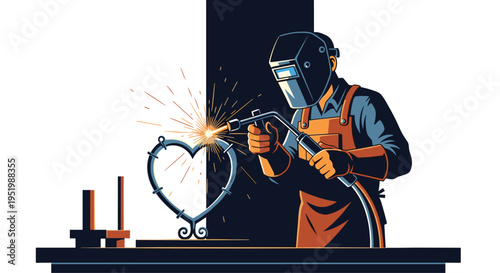 A welder in protective gear actively works on a heart-shaped metal sculpture with a welding torch, creating sparks.