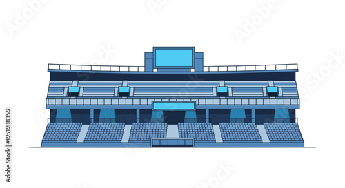 A stylized illustration depicts a stadium with distinct blue seating sections and multiple large display screens.