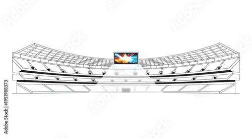 A minimalist line drawing illustrates an empty stadium with multiple seating tiers and a large digital screen.