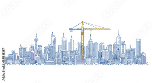 A detailed line art illustration showcases a sprawling city skyline with a prominent yellow construction crane.