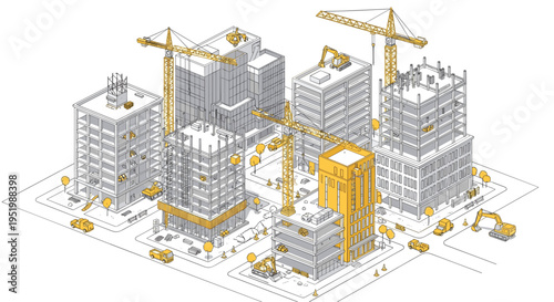 An isometric illustration depicts a bustling construction site with multiple buildings and yellow cranes in an urban setting.