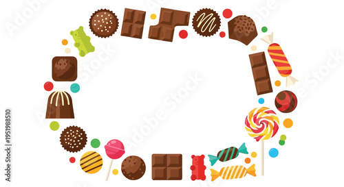 An assortment of colorful chocolates, candies, and gummy bears forms a decorative oval frame on a clean white background.