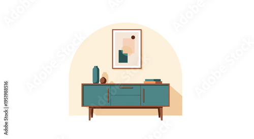 A teal credenza with two vases and books is positioned below a framed abstract artwork against a light beige arched backdrop.
