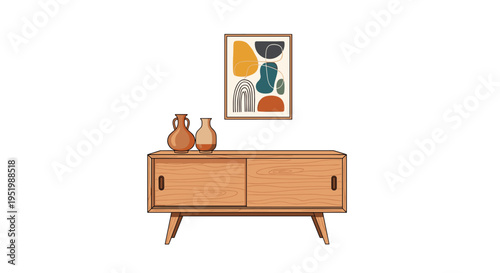 A light brown wooden credenza with two vases is situated beneath a framed abstract artwork featuring organic shapes.