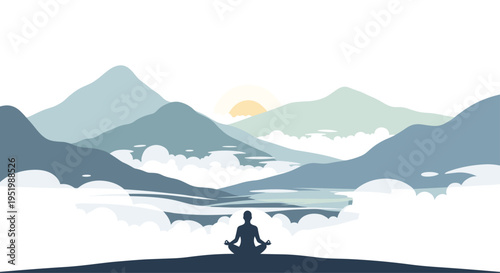 A person's silhouette meditates on a hill facing a vast landscape of layered blue-gray mountains and clouds with a distant sun.