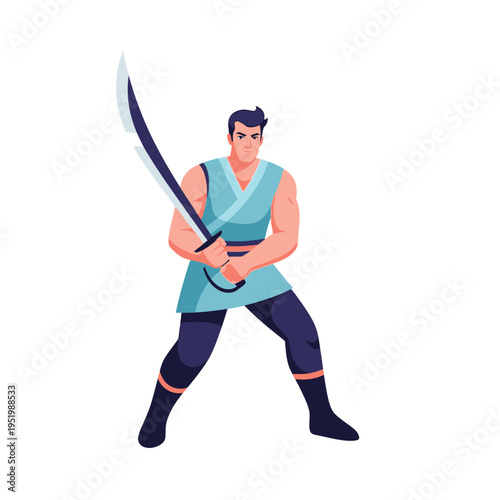 Martial artist warrior with katana sword, dynamic pose, flat illustration