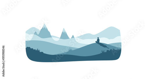 A person meditates in a lotus pose on a hill within a layered blue mountain landscape framed on a white background.