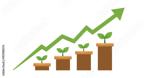 Four green plants in brown pots sit atop ascending brown bar graphs with a large green arrow on a white background.
