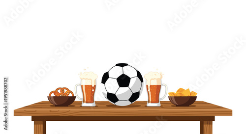 A light brown wooden table holds a soccer ball centered between two frothy beer mugs, flanked by bowls of pretzels and chips, against a clean white background.