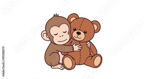 A cartoon monkey with closed eyes and light brown fur sits, tenderly hugging a larger brown teddy bear against a solid off-white background.
