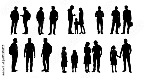Silhouette Collection of People Standing and Interacting in Various Poses.