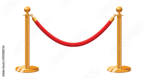 A pair of lustrous golden stanchions with a red velvet rope are connected against an unblemished white background.