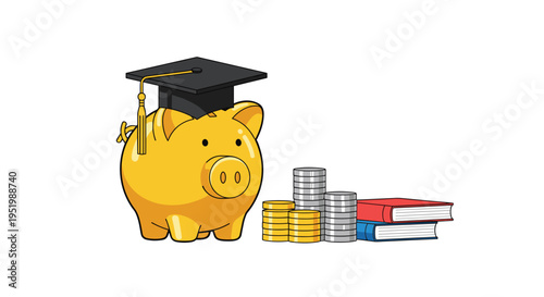 A golden piggy bank wearing a graduation cap stands next to stacks of coins and a stack of three books.