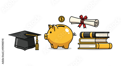 A graduation cap, a piggy bank with a coin, a rolled diploma, and a stack of books are arranged on a white surface.