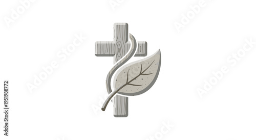 A stylized light gray wooden cross with visible grain patterns has a single smooth leaf wrapped around it.