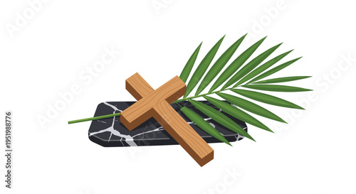 A light brown wooden cross rests on a marbled stone slab with a green palm frond extending from behind it.