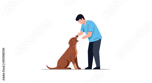A person in a blue shirt bends down to interact with a sitting brown dog on a light gray floor.