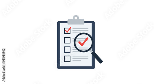 A dark blue clipboard holding a white checklist with one red-checked box is examined by a magnifying glass on a clean white background.