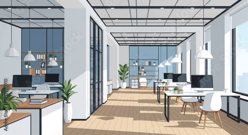 Bright Modern Office Space with Desks and Plants.