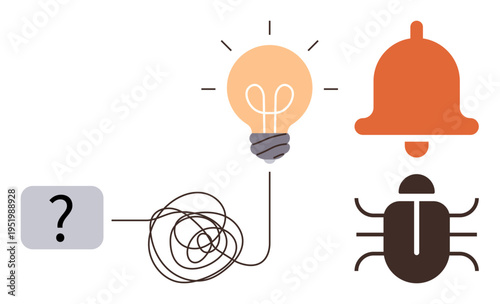 Problem-solving, innovation, bug detection, logical thinking, risk assessment, alert systems. Tangles leading to a lightbulb, bell and bug. Problem-solving and innovation concept
