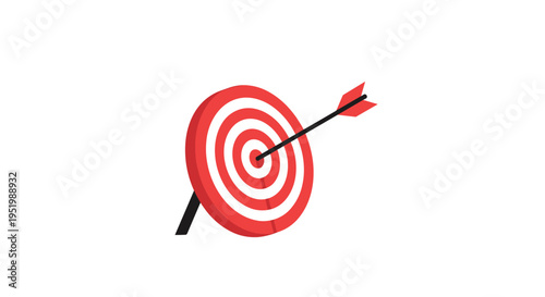A single red and white circular target with a black bullseye is centrally hit by a black-shafted arrow on a pristine white background.