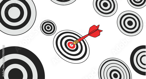 A red dart is accurately embedded in the bullseye of a central target, surrounded by multiple scattered grey and black targets on a white background.