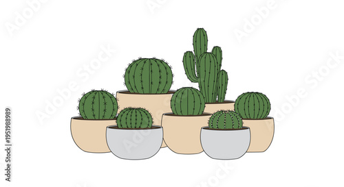 Seven stylized cacti are clustered in light-colored pots on a stark white background.