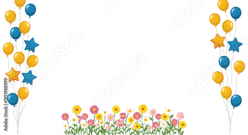 Two vertical streams of yellow and blue balloons flank a white background with a horizontal line of colorful flowers at the bottom.