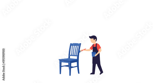 A cartoon man in an apron is painting a blue wooden chair with a brush and a paint can on a white background.
