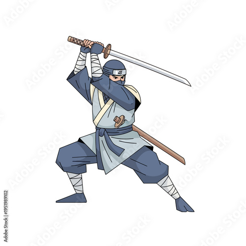 Ninja warrior with katana sword, ready for combat, white background