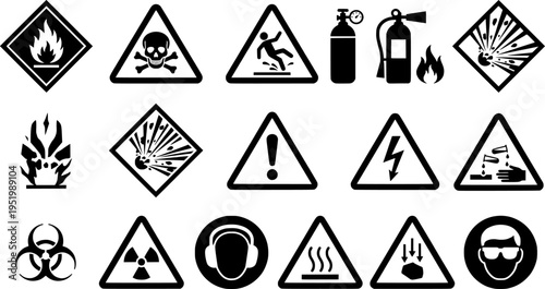 Gas safety glyph icon set. Vector pictograms of flammable, toxic, explosive, warning, danger, protective mask, no flame zone, label, black sign silhouette illustration