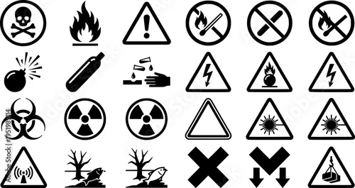 Gas safety glyph icon set. Vector pictograms of flammable, toxic, explosive, warning, danger, protective mask, no flame zone, label, black sign silhouette illustration