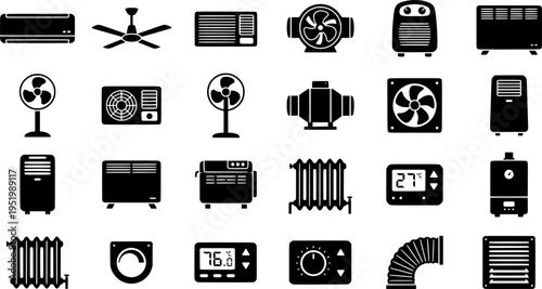 Collection of icons related to heating, ventilation and air conditioning (HVAC) systems.
