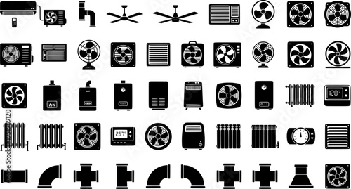 Collection of icons related to heating, ventilation and air conditioning (HVAC) systems.
