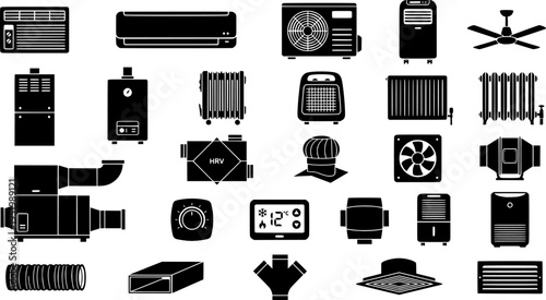 Collection of icons related to heating, ventilation and air conditioning (HVAC) systems.
