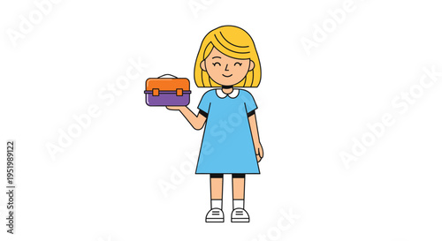A smiling blonde girl in a blue dress holds a purple and orange lunchbox on a white background.