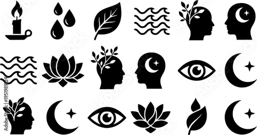 Nature and wellness solid icon set – silhouette style elements for relaxation and mindfulness: candle, water drop, leaf, wave, lotus, head with breath, eye, moon