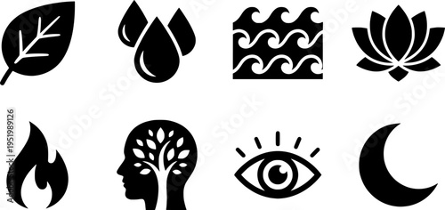 Nature and wellness solid icon set – silhouette style elements for relaxation and mindfulness: candle, water drop, leaf, wave, lotus, head with breath, eye, moon
