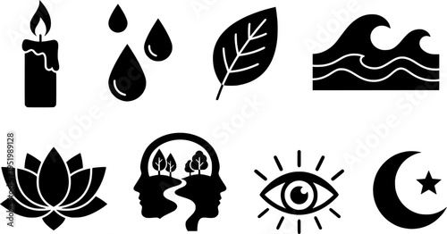 Nature and wellness solid icon set – silhouette style elements for relaxation and mindfulness: candle, water drop, leaf, wave, lotus, head with breath, eye, moon