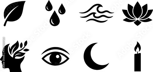 Nature and wellness solid icon set – silhouette style elements for relaxation and mindfulness: candle, water drop, leaf, wave, lotus, head with breath, eye, moon