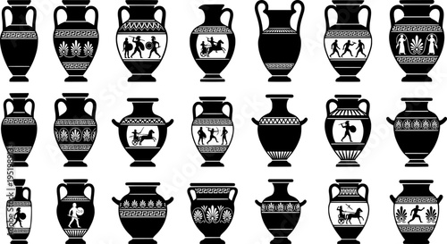 Collection of ancient greek vases with classical designs for artistic and educational purposes
