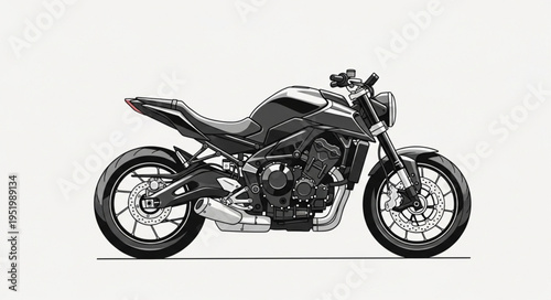 Detailed Illustration of a Sleek Black Motorcycle on White Background.