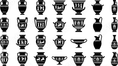 Collection of ancient greek vases with classical designs for artistic and educational purposes
