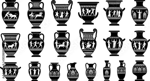 Collection of ancient greek vases with classical designs for artistic and educational purposes
