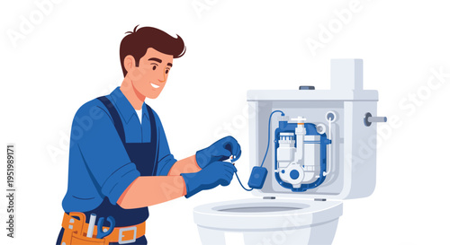 A smiling male plumber in blue overalls and gloves fixes the internal mechanism of a white toilet on a white background.