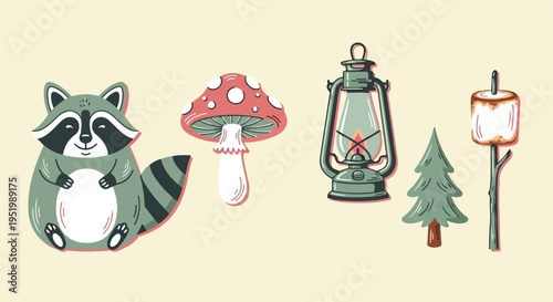 f forest-themed sticker illustrations featuring a chubby raccoon, a red fly agaric mushroom, a vintage camping lantern, a stylized pine tree, and a roasted marshmallow on a stick.