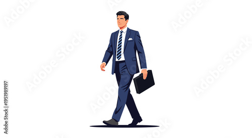 A professional man in a blue suit and striped tie walks forward holding a black briefcase on a clean white background.