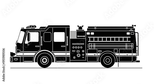 Detailed Black and White Fire Engine Illustration.